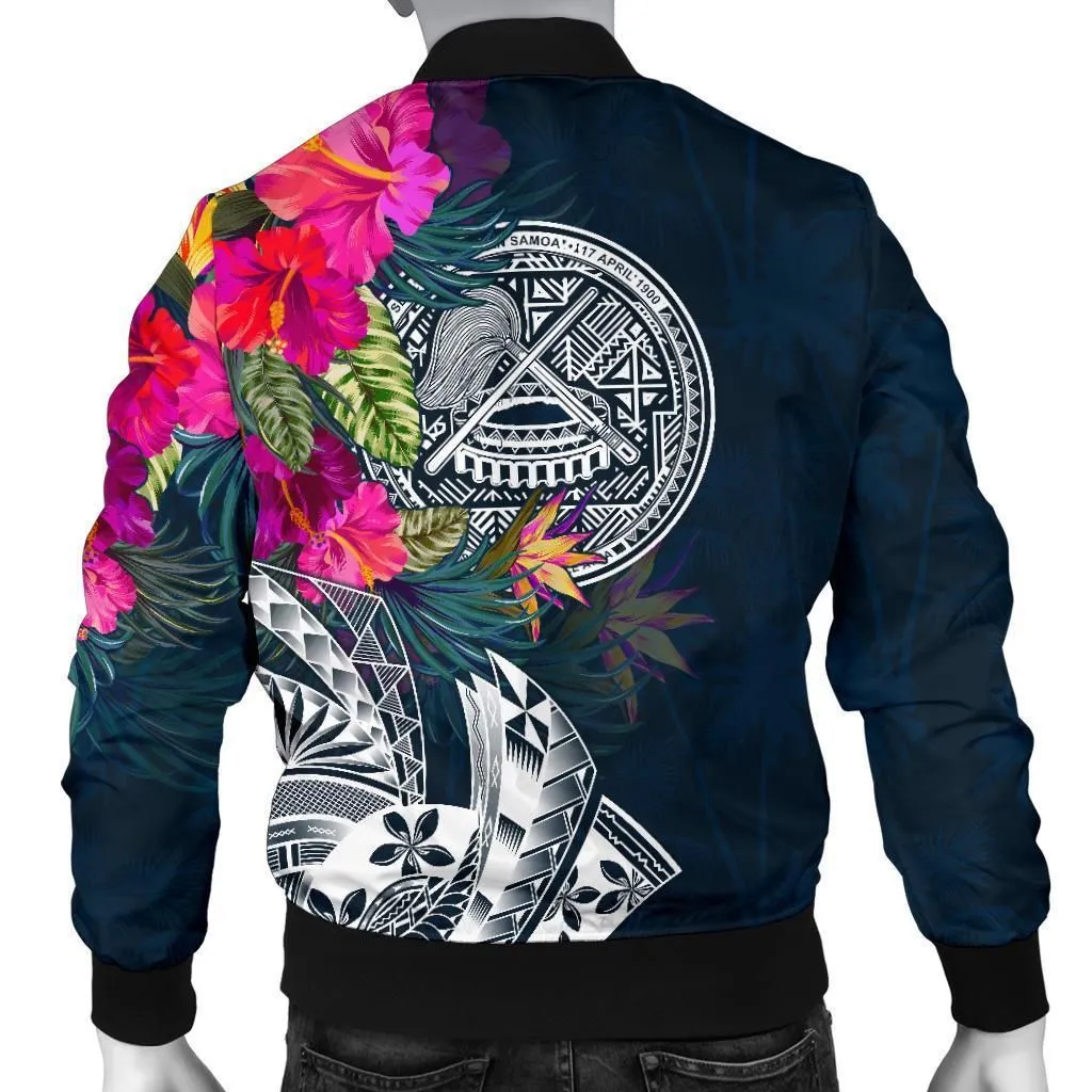 American Samoa Mens Bomber Jacket - Polynesian Hibiscus with Summer Vibes