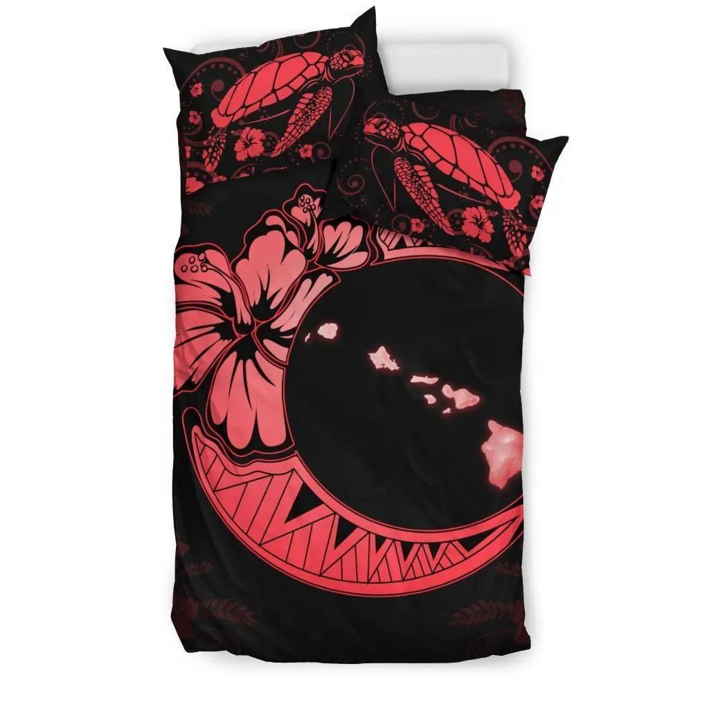 Hawaiian Map Hibiscus Turtle Polynesian Moon Bedding Set Red