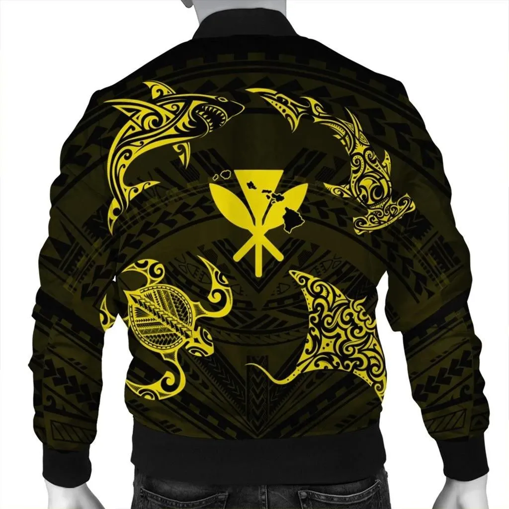 Alohawaii Jacket - Polynesian Turtle Hammerhead Shark Ray Kanaka Hawaii Bomber Jacket Circle Yellow - AH - J5R