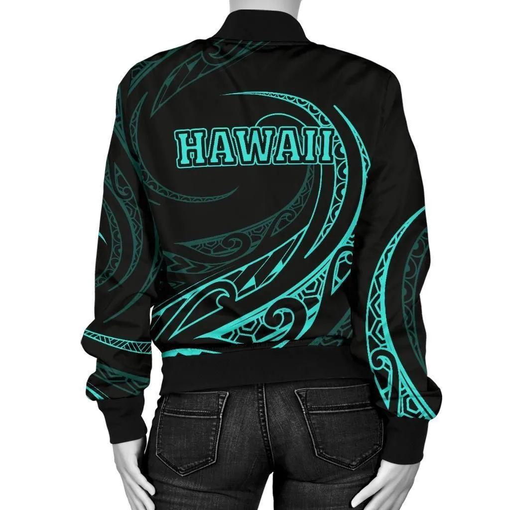 Hawaii Turtle Polynesian Womens Bomber Jacket - Turquoise - Frida Style