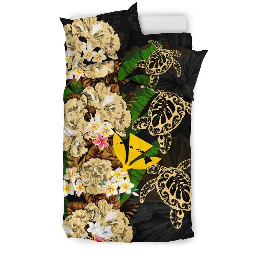 Kanaka Maoli (Hawaiian) Bedding Set - Polynesian Hibiscus Turtle Palm Leaves Gold