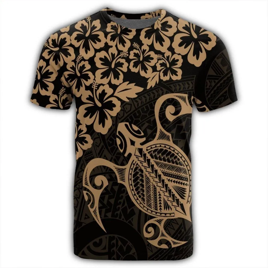 Hawaiian Map Turtle Hibiscus Kanaka Polynesian T-Shirt - Gold - AH