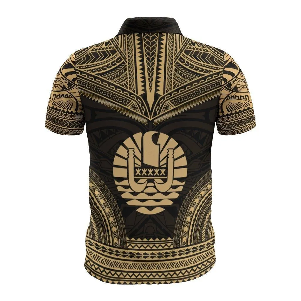 Tahiti Polo Shirt - Tahiti Flag Polynesian Chief Tattoo Gold Version