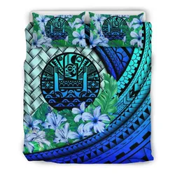 FamilyGater Bedding Set - Cover and Pillow Cases Tahiti - Lauhala Polynesian Hibiscus Blue A24