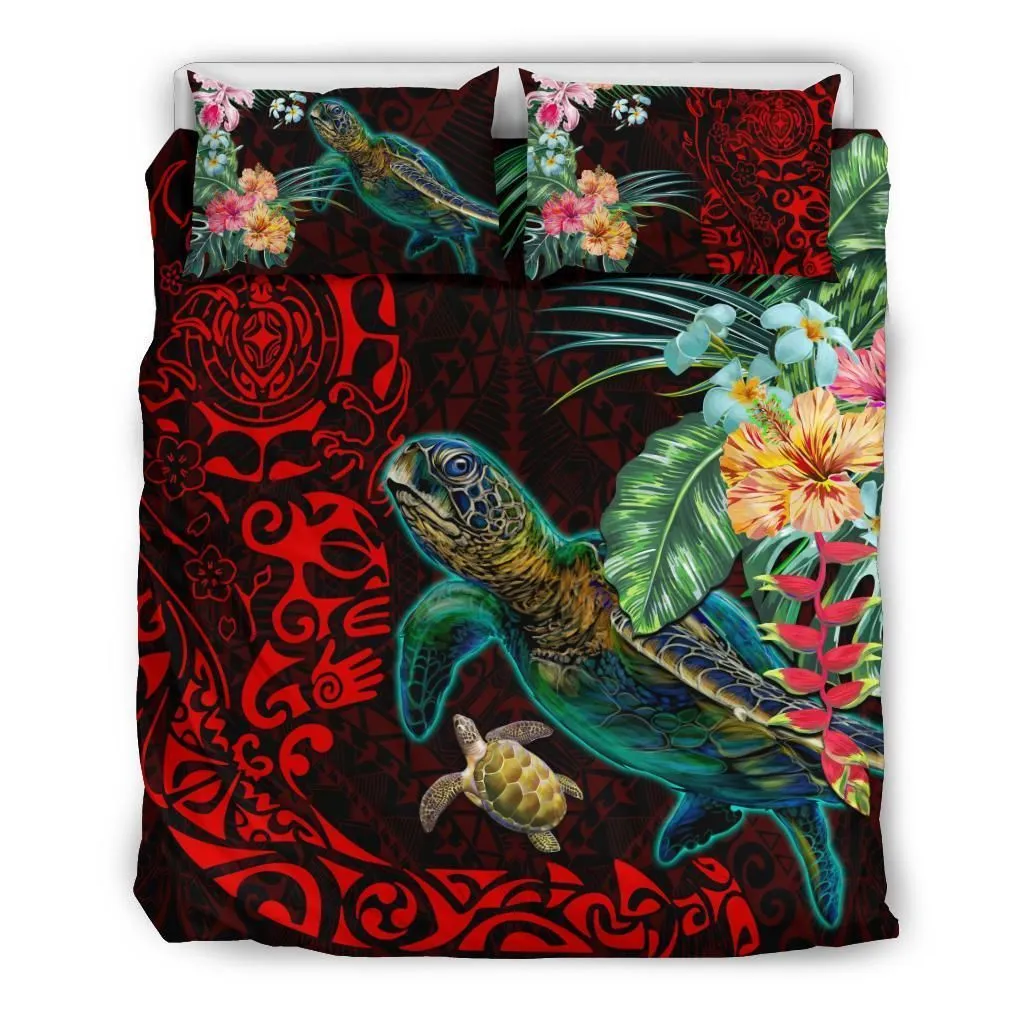Tiki Polynesian Bedding Set Turtle Hibiscus - Red