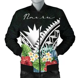 Nauru Mens Bomber Jacket - Nauru Coat of Arms & Polynesian Tropical Flowers White
