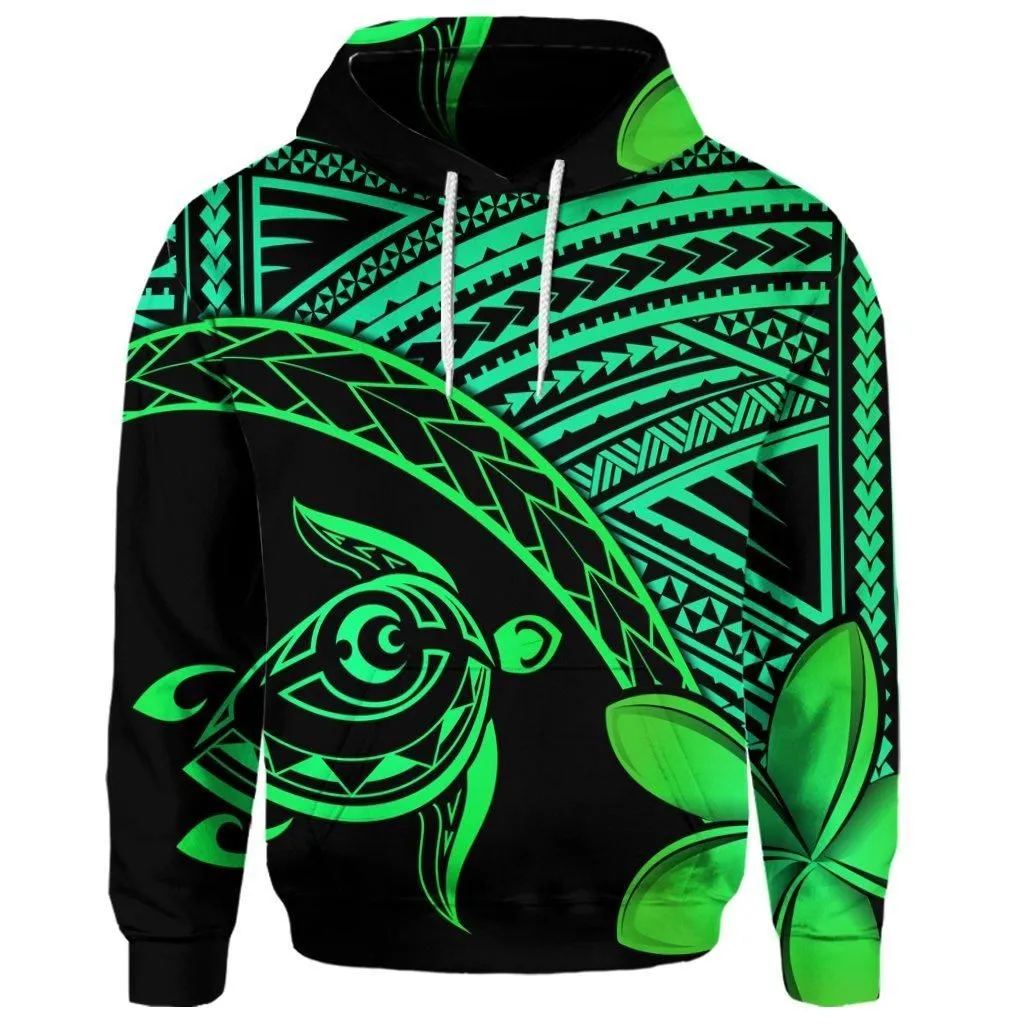 (Personalised) Hawaiian Turtle Plumeria Kakau Polynesian Quilt Hoodie Neo Green AH