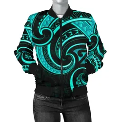 New Zealand Maori Mangopare Women Bomber Jacket Polynesian - Turquoise