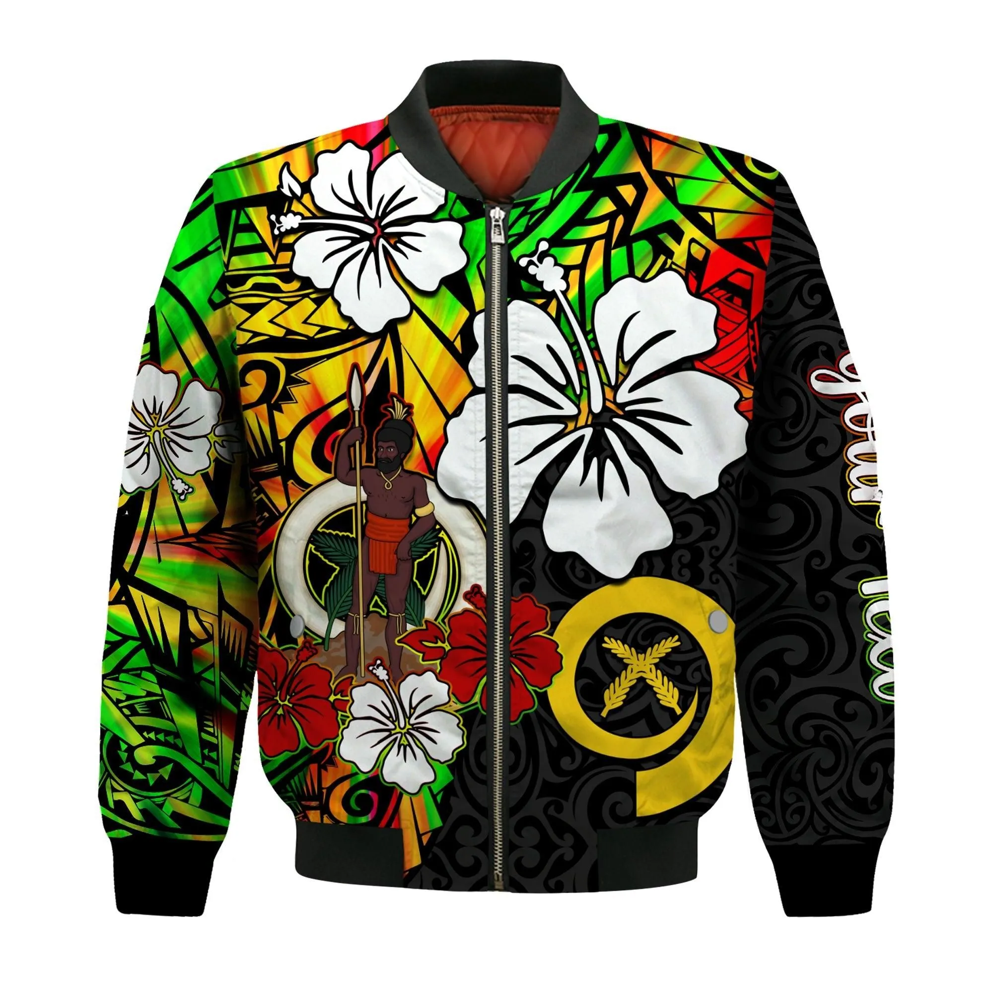 (Custom Personalised) Vanuatu Bomber Jacket Polynesia Tie Dye Hibiscus Flowers LT13