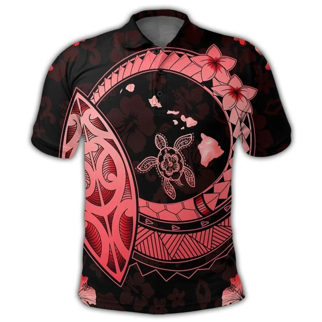 Hawaii Turtle Hibiscus Map Polynesian Polo Shirt Red - AH