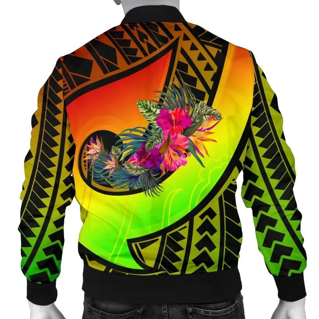 Pohnpei Mens BomBer Jacket - Polynesian Hook and Hibiscus Raggae