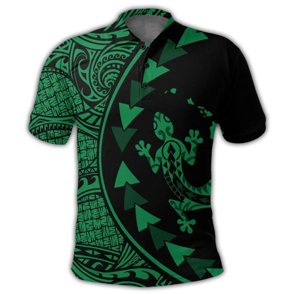 Hawaiian Map Gecko Tattoo Kakau Polynesian Polo Shirt Green