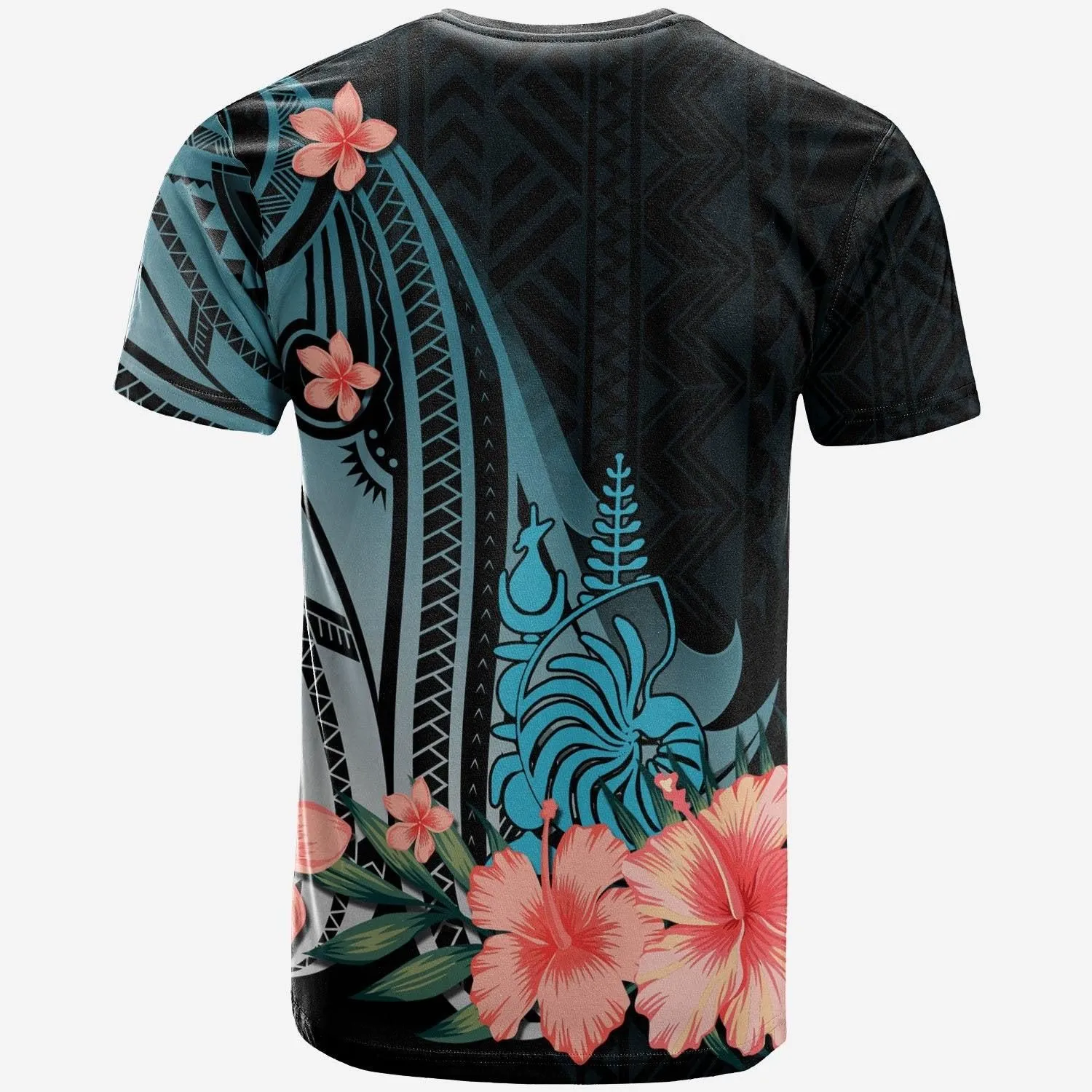New Caledonia Personalised Custom T-Shirt - Turquoise Polynesian Hibiscus Pattern Style