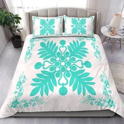 Alohawaii Home Set - Hawaiian Quilt Maui Plant And Hibiscus Pattern Bedding Set - Turquoise White - AH J8