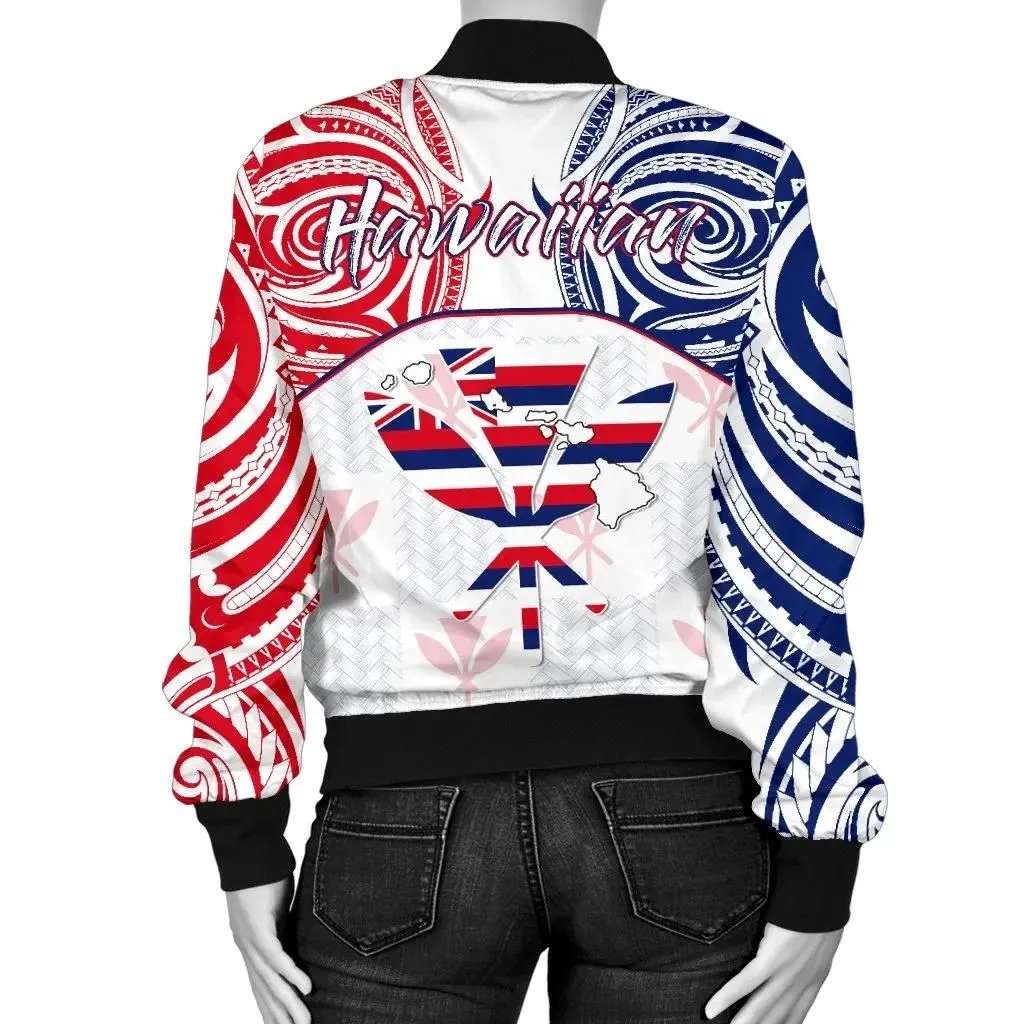 FamilyGater Jacket - Hawaiian Kanaka Women's Bomber Jacket Flag Nation Demodern White AH J1