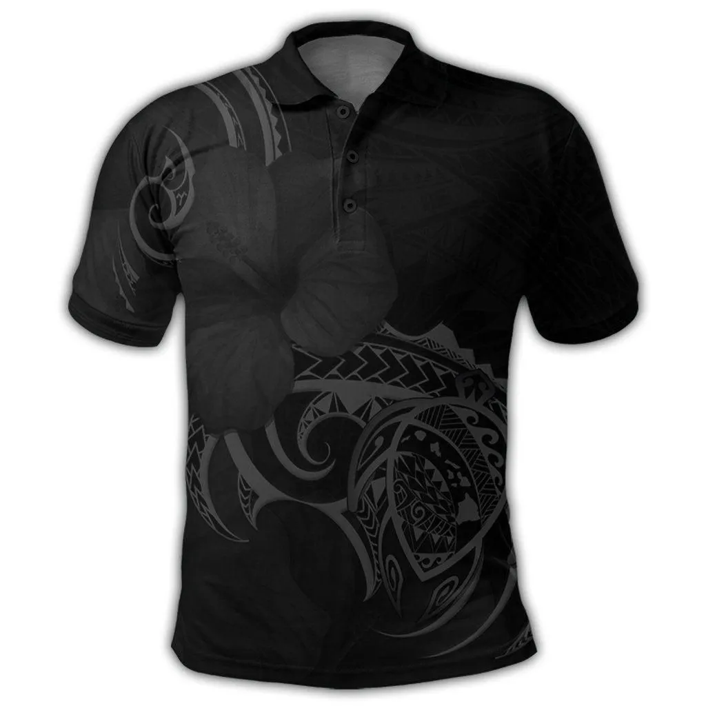 Hawaii Map Turtle Hibiscus Divise Polynesian Polo Shirt Gray - AH