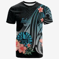 Tahiti T-Shirt - Turquoise Polynesian Hibiscus Pattern Style