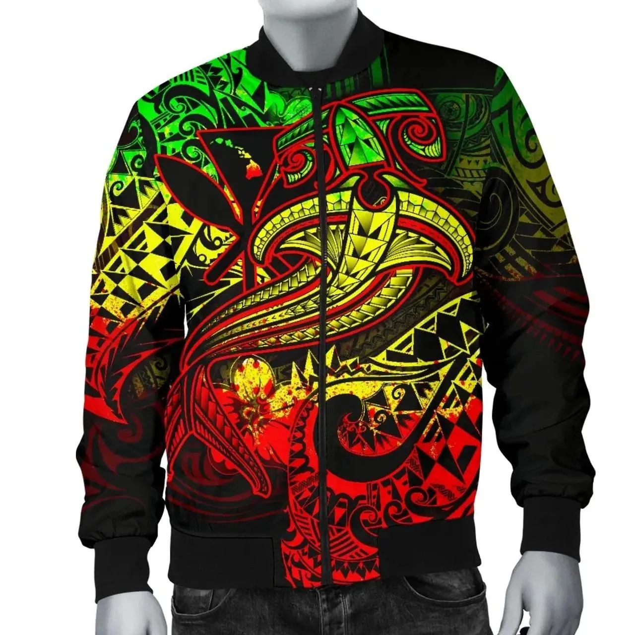 Hawaii Polynesian Bomber Jacket - Kanaka Maoli Reggae Shark Polynesian Tattoo