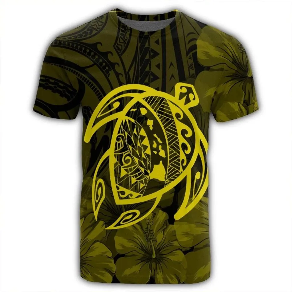 Alohawaii Tee - Hawaiian Map Turtle Kanaka Hibiscus Polynesian T-shirt Yellow - AH - J4R