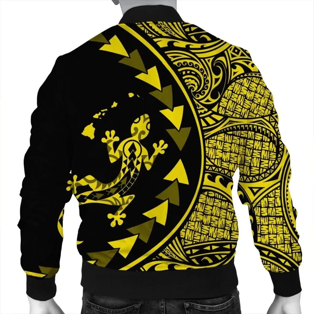 FamilyGater Jacket - Hawaiian Map Gecko Tattoo Kakau Polynesian Bomber Jacket Yellow AH - J0R