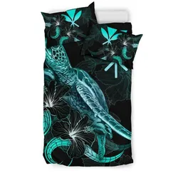 Alohawaii Bedding Set - Cover and Pillow Cases Hawaii Polynesian - Turtle With Blooming Hibiscus Turquoise - BN22