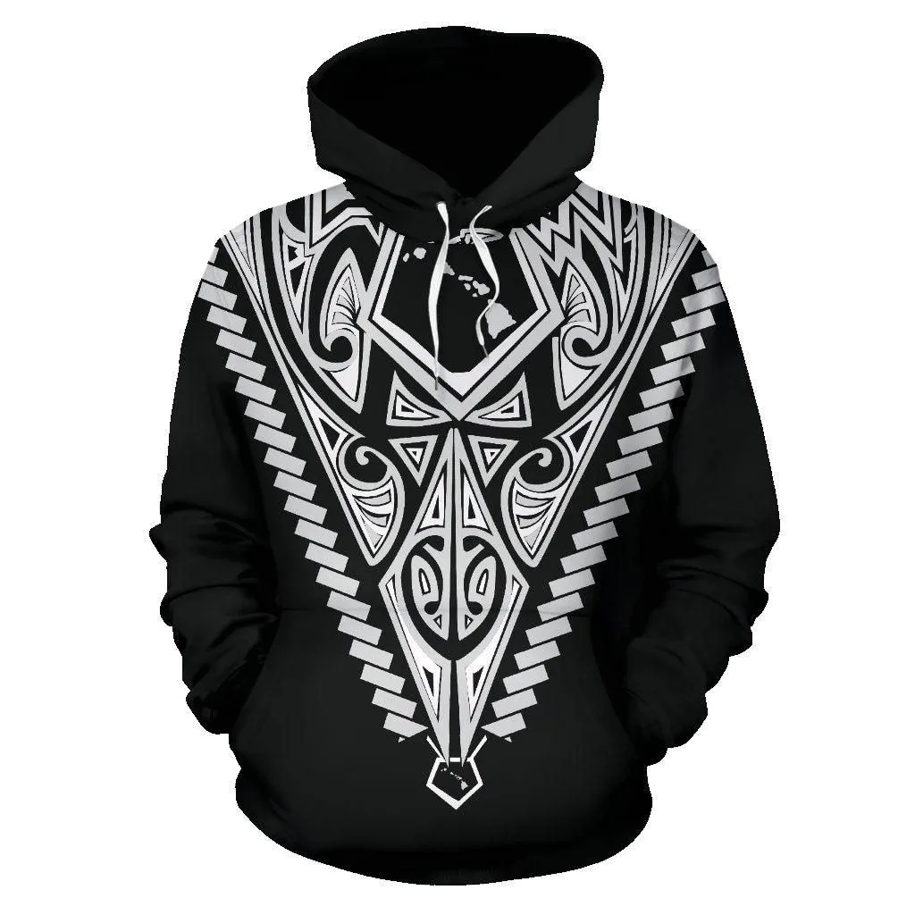 Born Hawaii Hoodie - Hawaii Map Polynesian Tattoo White