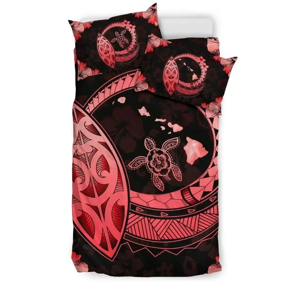 FamilyGater Bedding Set - Cover and Pillow Cases Hawaiian Map Hibiscus Plumeria Turtle Polynesian Red - AH J1