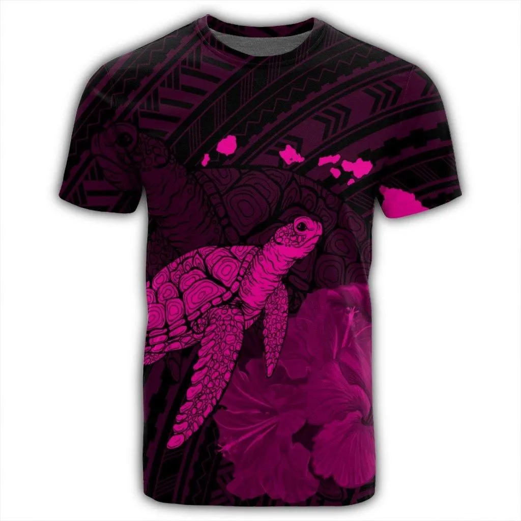 Hawaii Polynesian Hibiscus Turtle Map T-Shirt Pink - AH