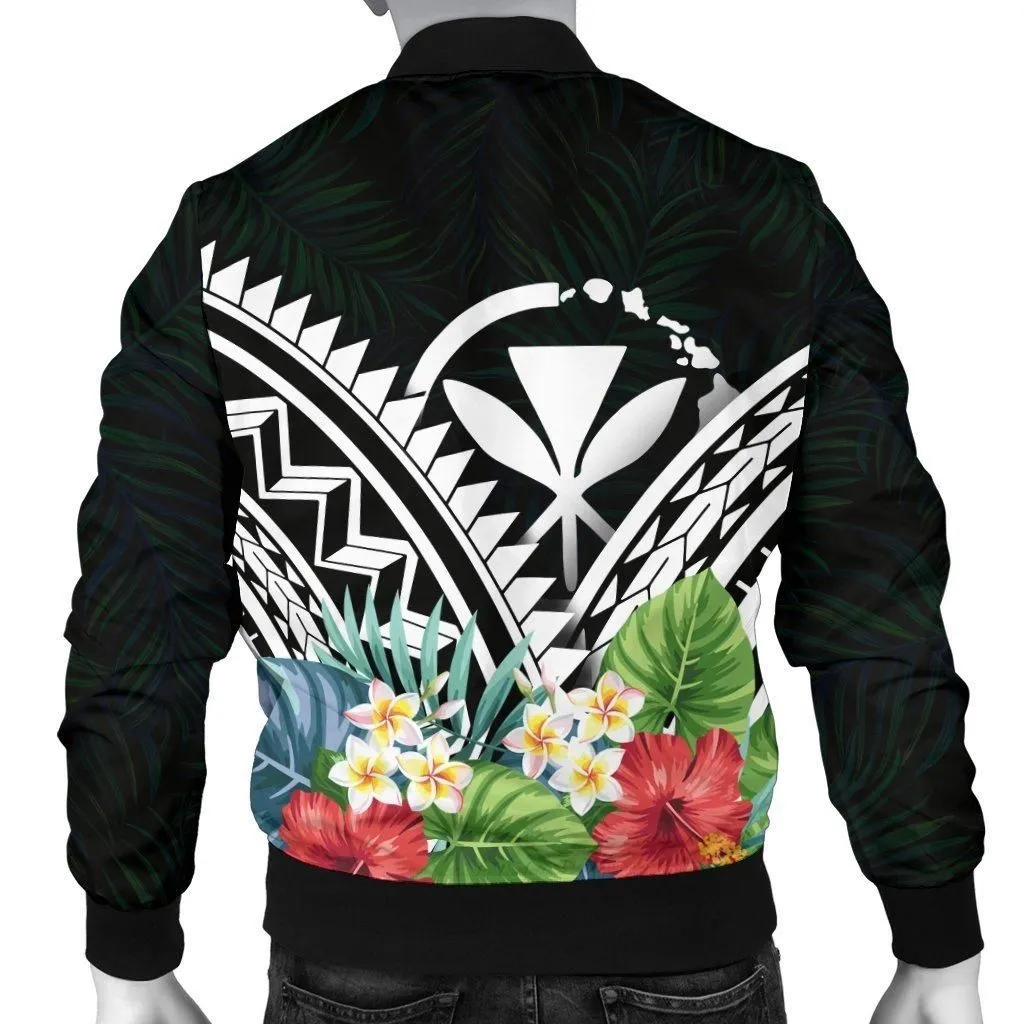 Hawaii Mens Bomber Jacket - Hawaii Coat of Arms & Polynesian Tropical Flowers White