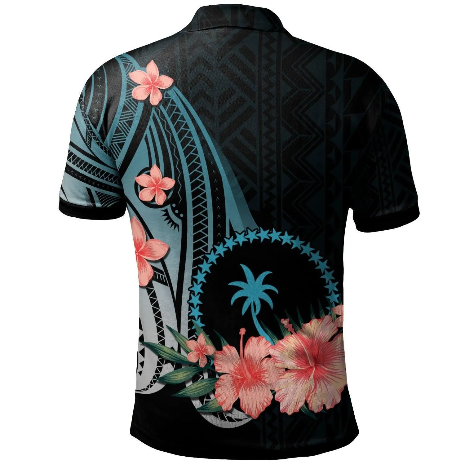 Chuuk Polo Shirt - Turquoise Polynesian Hibiscus Pattern Style