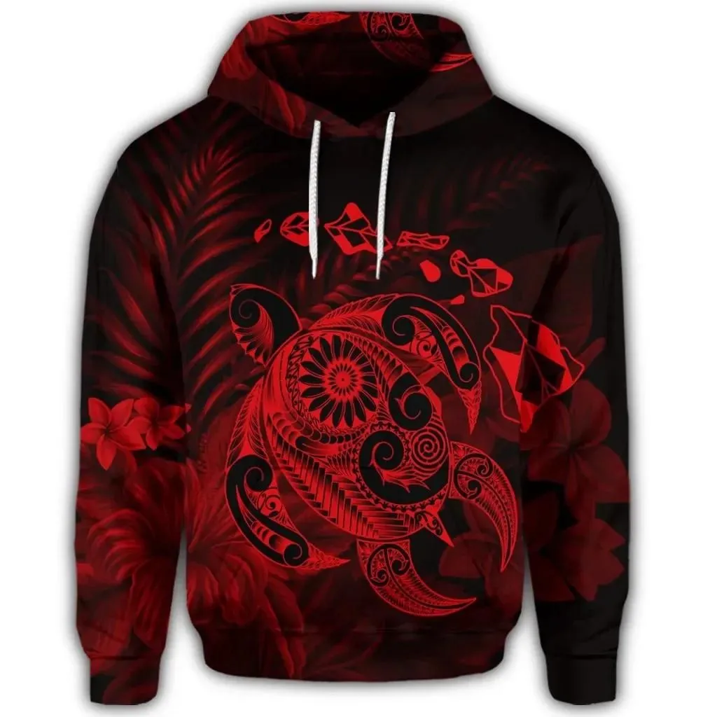 Alohawaii Hoodie - Hawaiian Map Turtle Tattoo Hibiscus Plumeria Polynesian Hoodie - Red - AH - J4R