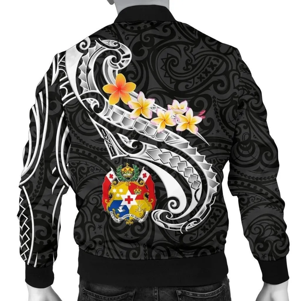 Tonga Men's Bomber Jacket - Tonga Seal  Polynesian Patterns Plumeria (Black) - BN25