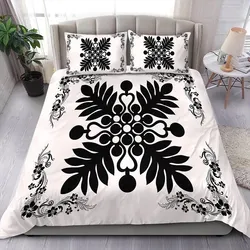 Alohawaii Home Set - Hawaiian Quilt Maui Plant And Hibiscus Pattern Bedding Set - Black White - AH J8