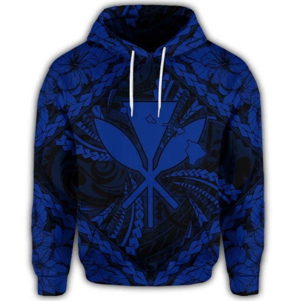 Hawaiian Map Kanaka Hibiscus Blue Polynesian Hoodie
