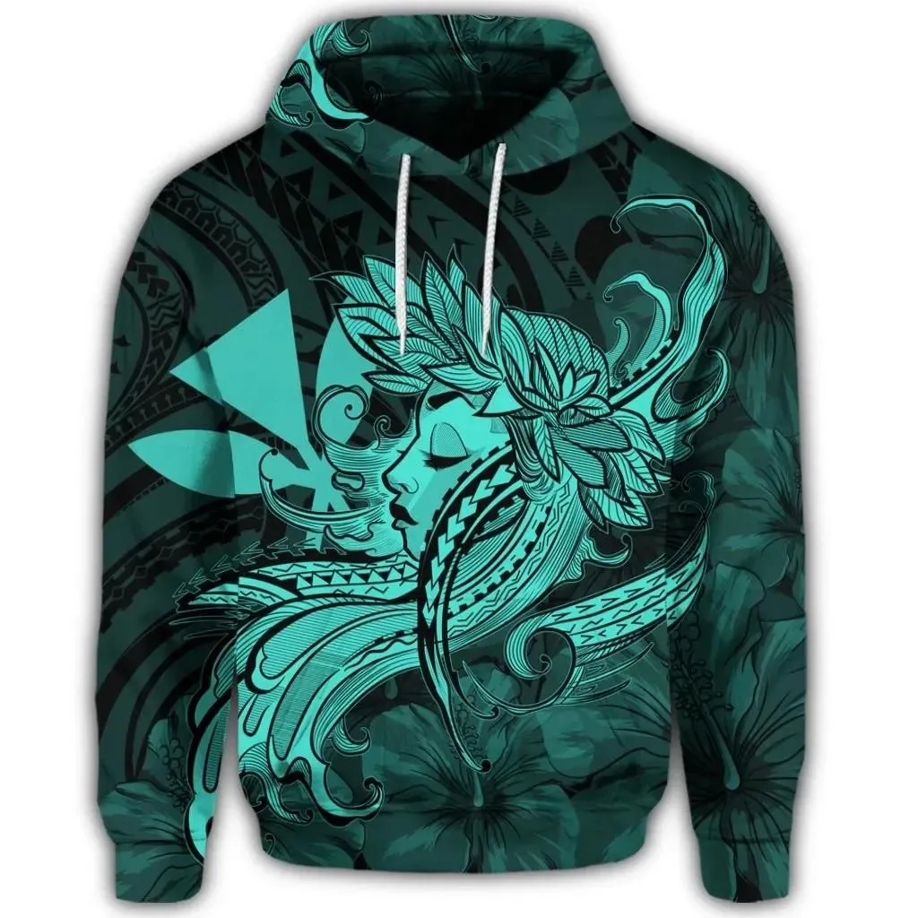 Alohawaii Hoodie - Hawaiian Map Hula Girl Hibiscus Kanaka Polynesian Hoodie - Turquoise - AH - J4R