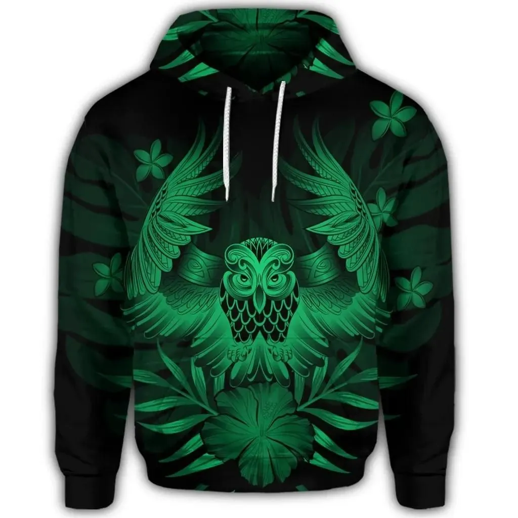 Alohawaii Hoodie - Hawaiian Owl Hibiscus Plumeria Polynesian Hoodie - Green - AH - J4R