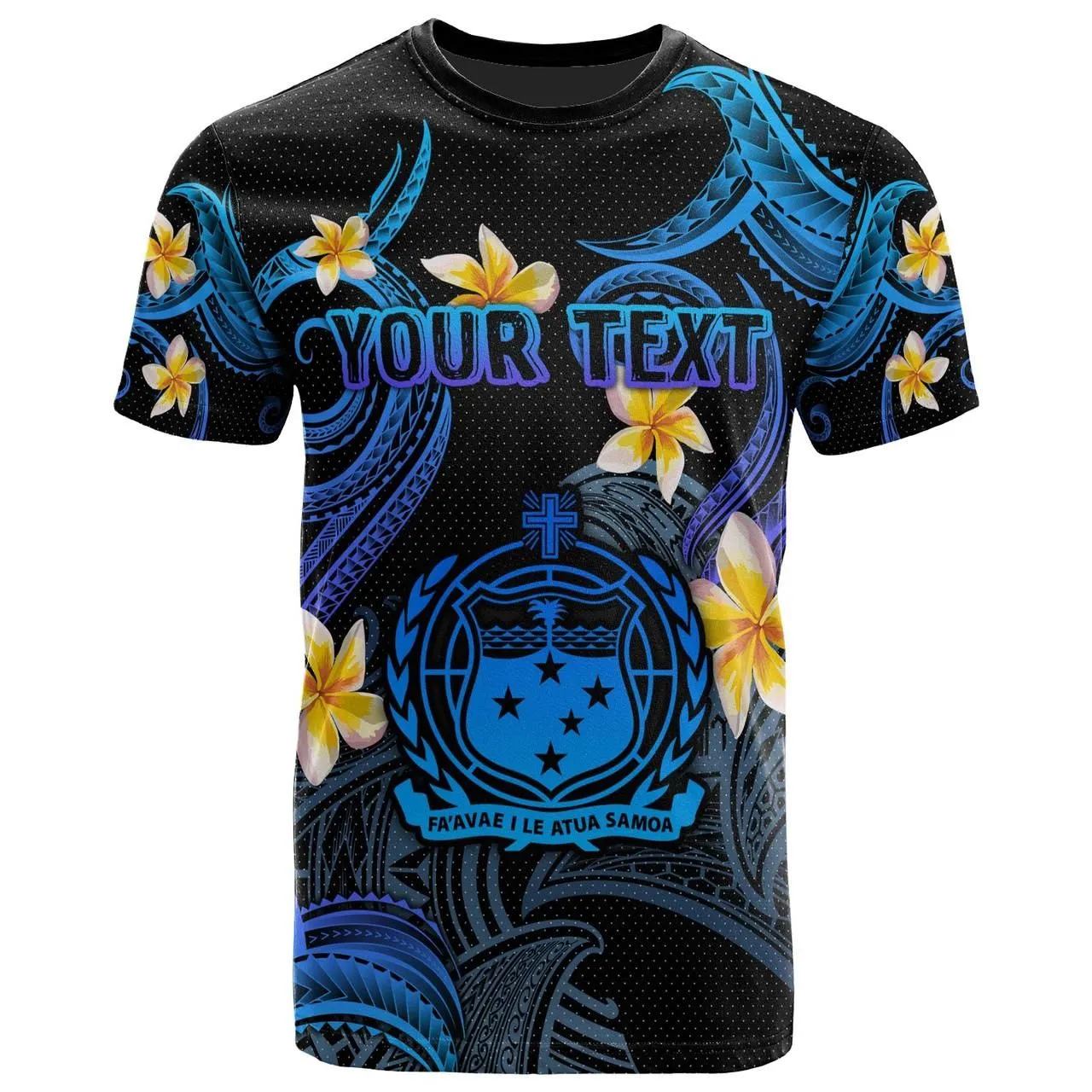 Samoa T-shirt - Custom Personalised Polynesian Waves with Plumeria Flowers (Blue)