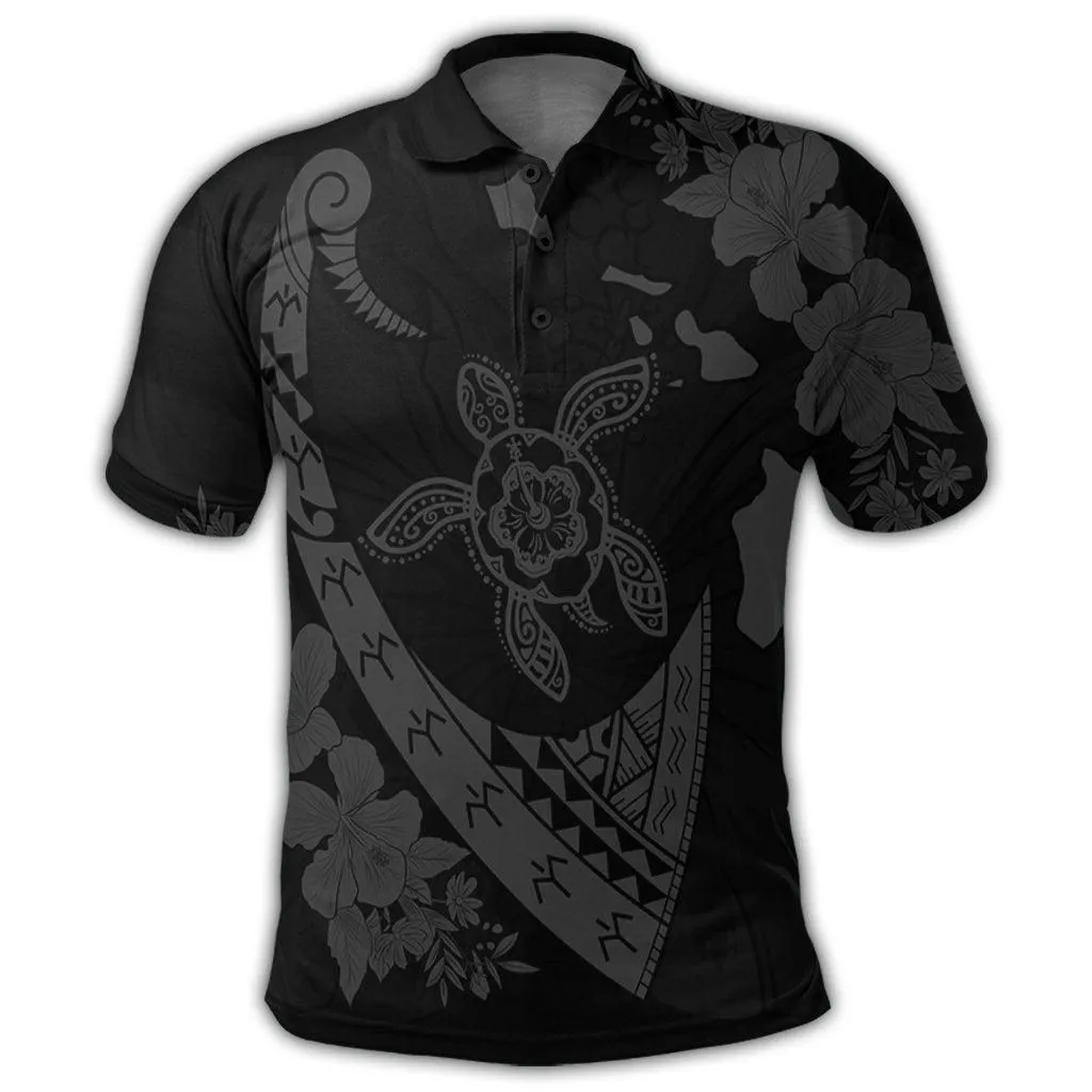 Hawaiian Map Hibiscus Turtle Fish Hook Polynesian Polo Shirt Grey - AH