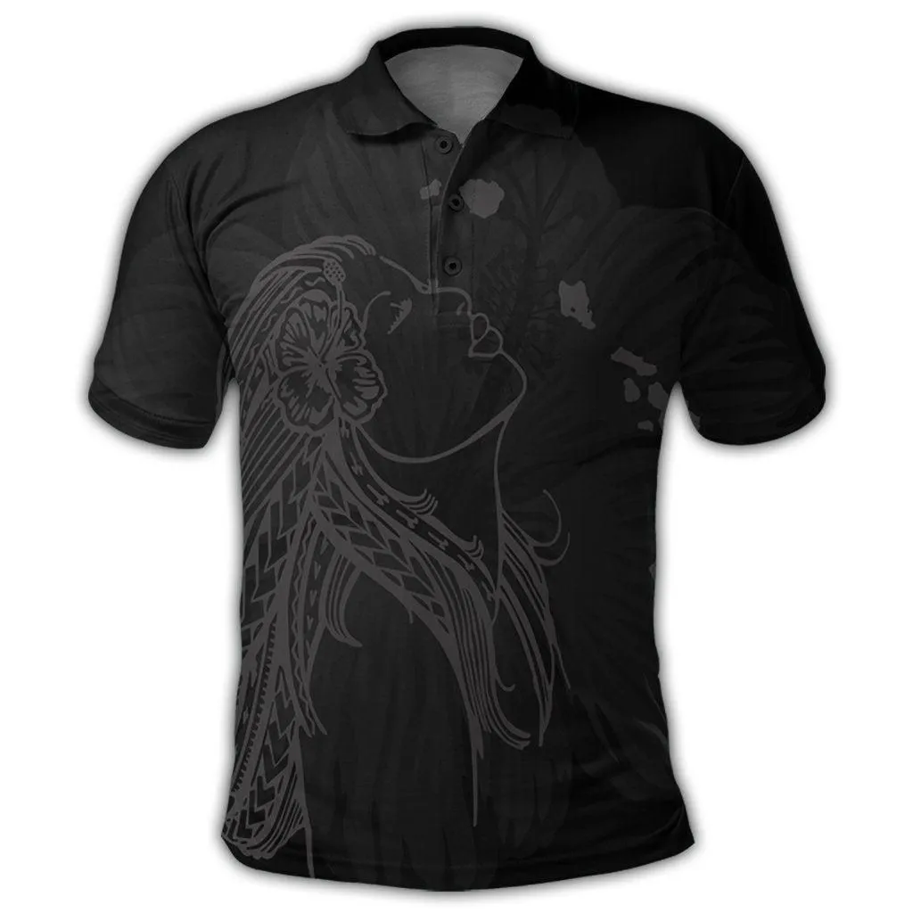Hawaiian Map Heart Hula Girl Hibiscus Gray Polynesian Polo Shirt