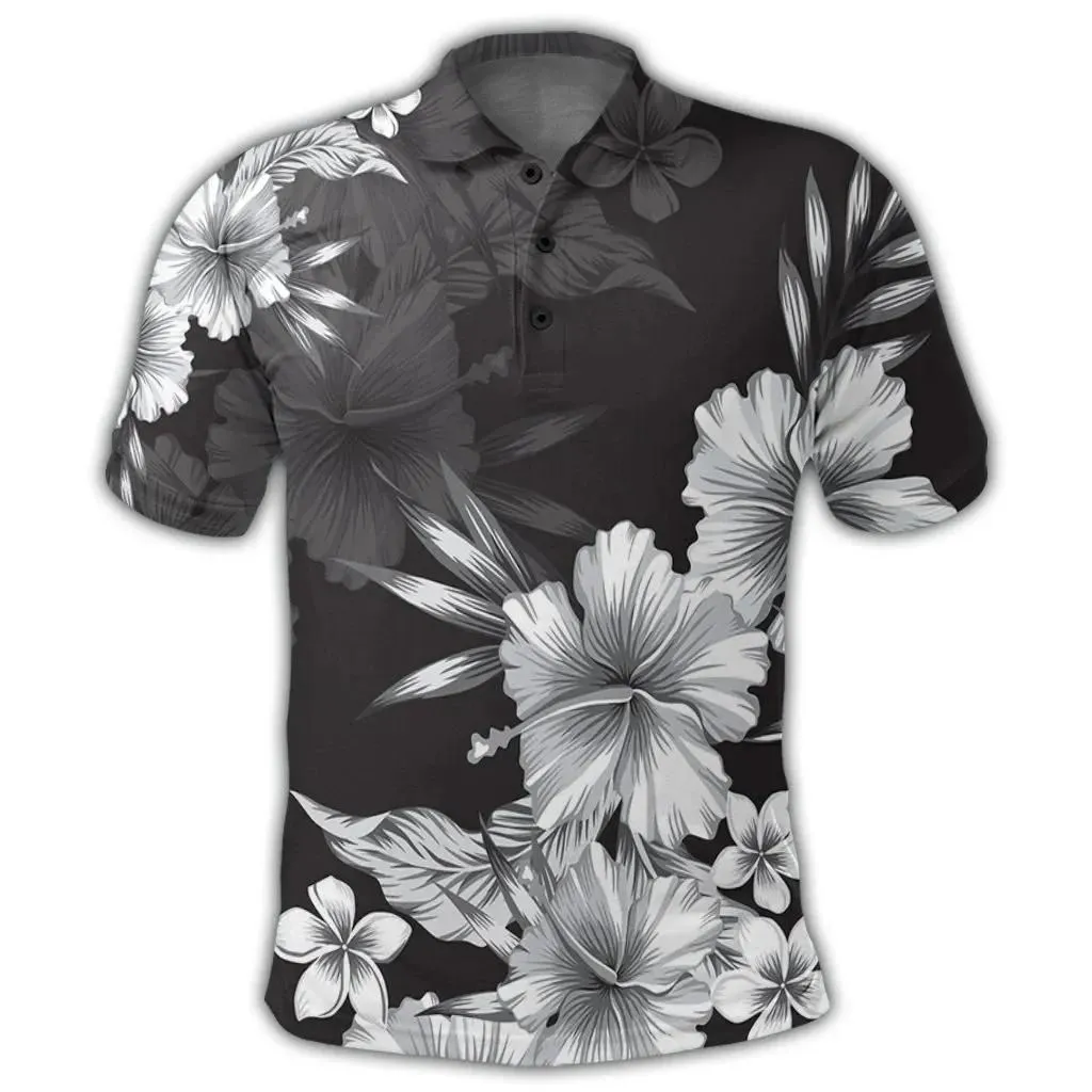 Alohawaii Shirt - Hawaiian Hibiscus Black And White Polynesian Polo Shirt - AH - JR
