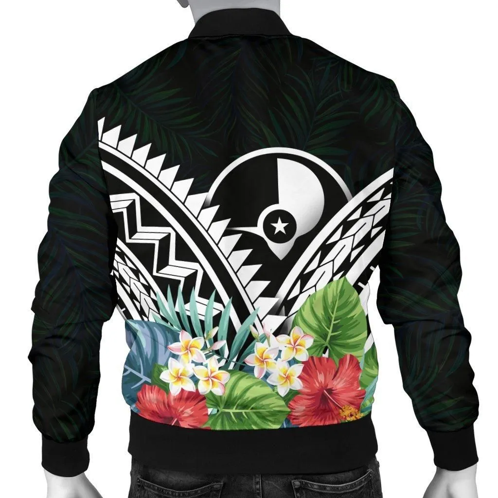 Yap Mens Bomber Jacket - Yap Coat of Arms & Polynesian Tropical Flowers White