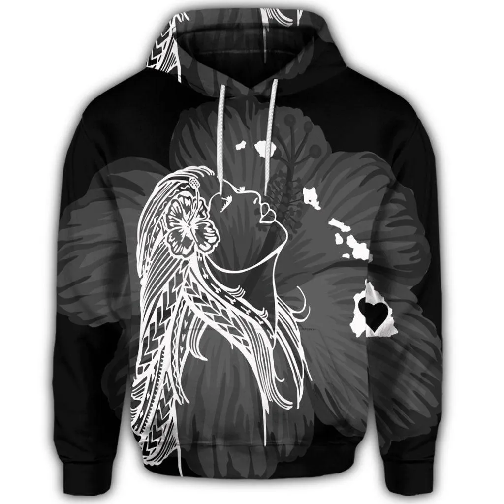 Hawaiian Map Heart Hula Girl Hibiscus White Polynesian Hoodie