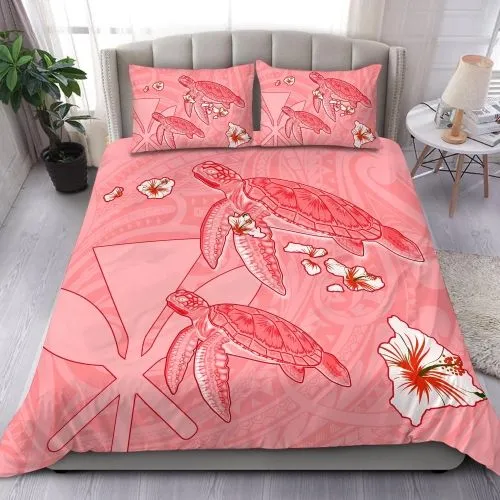 Hawaii Turtle Hibiscus Kanaka Map Bedding Set - Red - Aura Style - AH