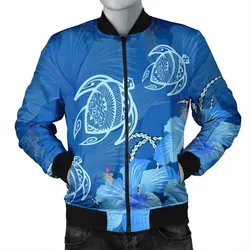 FamilyGater Jacket - Hawaii Blue Hibiscus Turtle Polynesian Bomber Jacket - AH - J4R