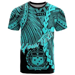 Samoa Polynesian Custom Personalised T shirt - Tribal Wave Tattoo Neon Blue
