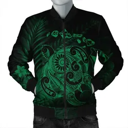 FamilyGater Jacket - Hawaiian Map Turtle Tattoo Hibiscus Plumeria Polynesian Bomber Jacket - Green - AH - J4R