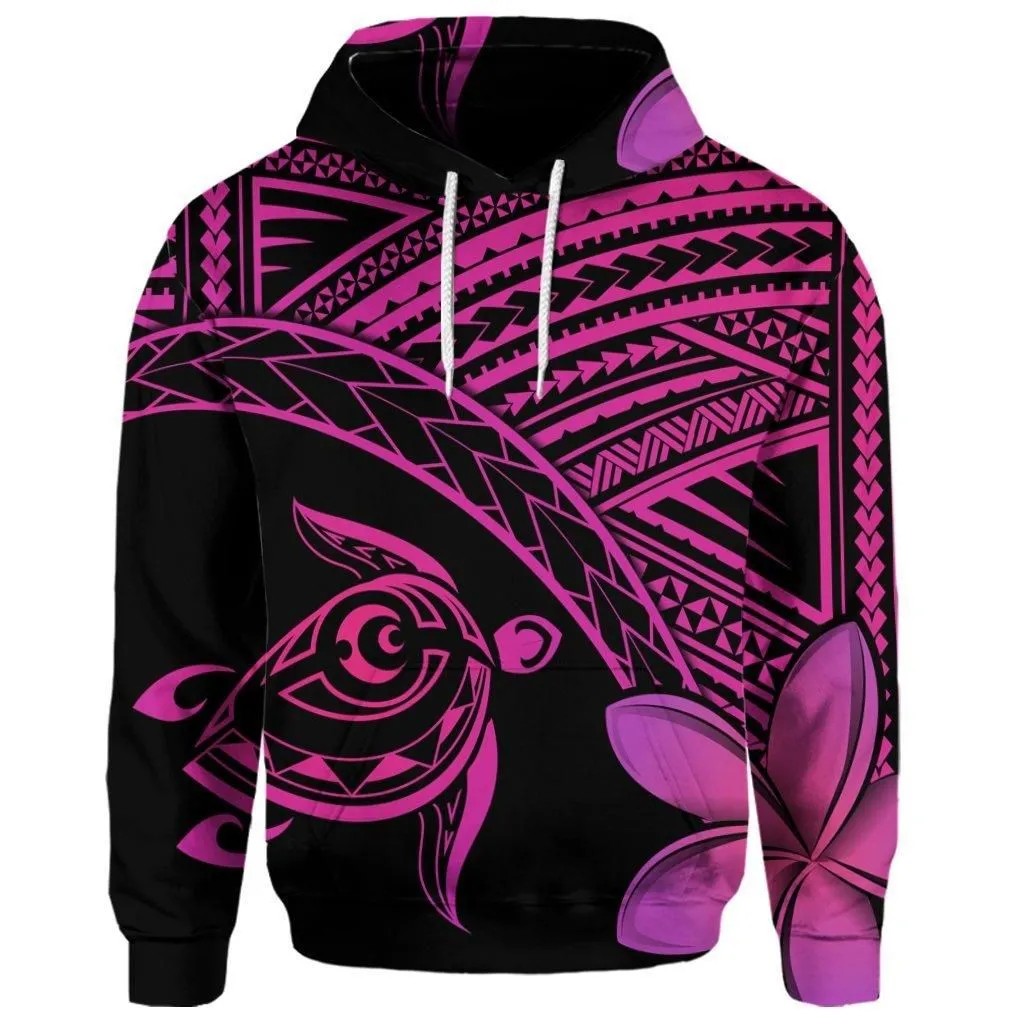 (Personalised) Hawaiian Turtle Plumeria Kakau Polynesian Quilt Hoodie Neo Pink AH