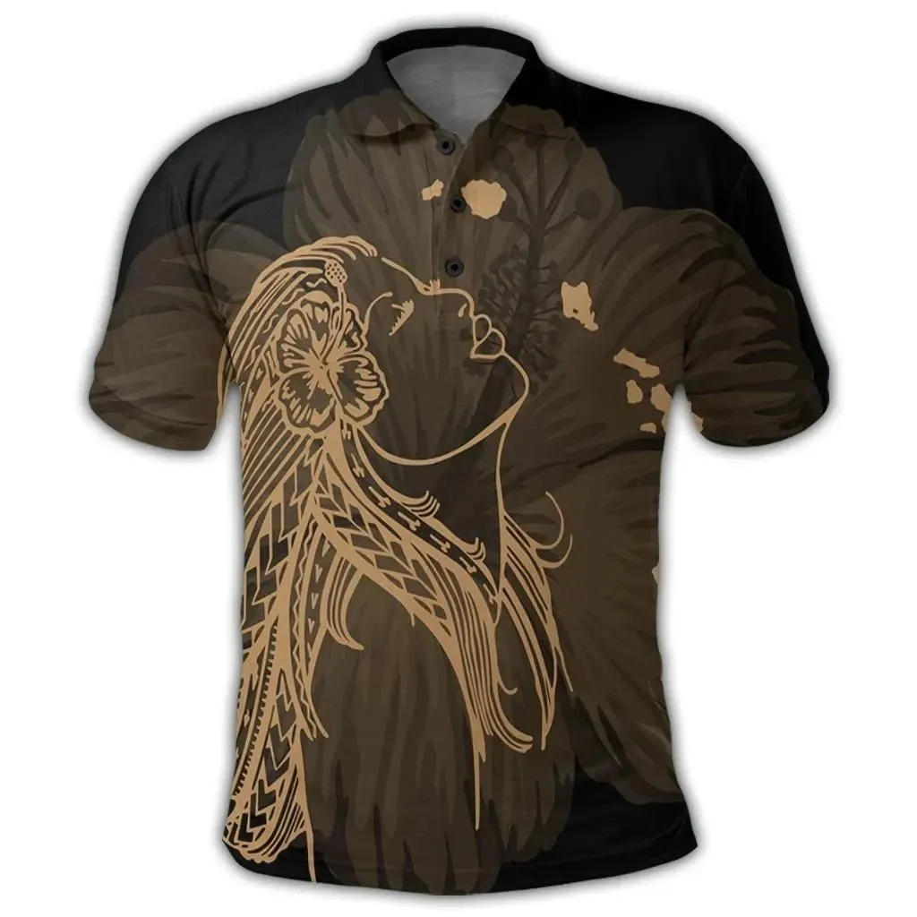 Alohawaii Shirt - Hawaiian Map Heart Hula Girl Hibiscus Gold Polynesian Polo Shirt - AH - J4R