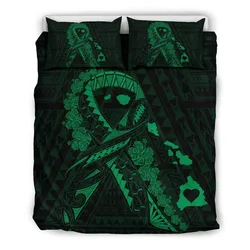 FamilyGater Home Set - Hawaiian Map Heart Ribbon Cancer Hibiscus Polynesian Bedding Set - Green - AH J4