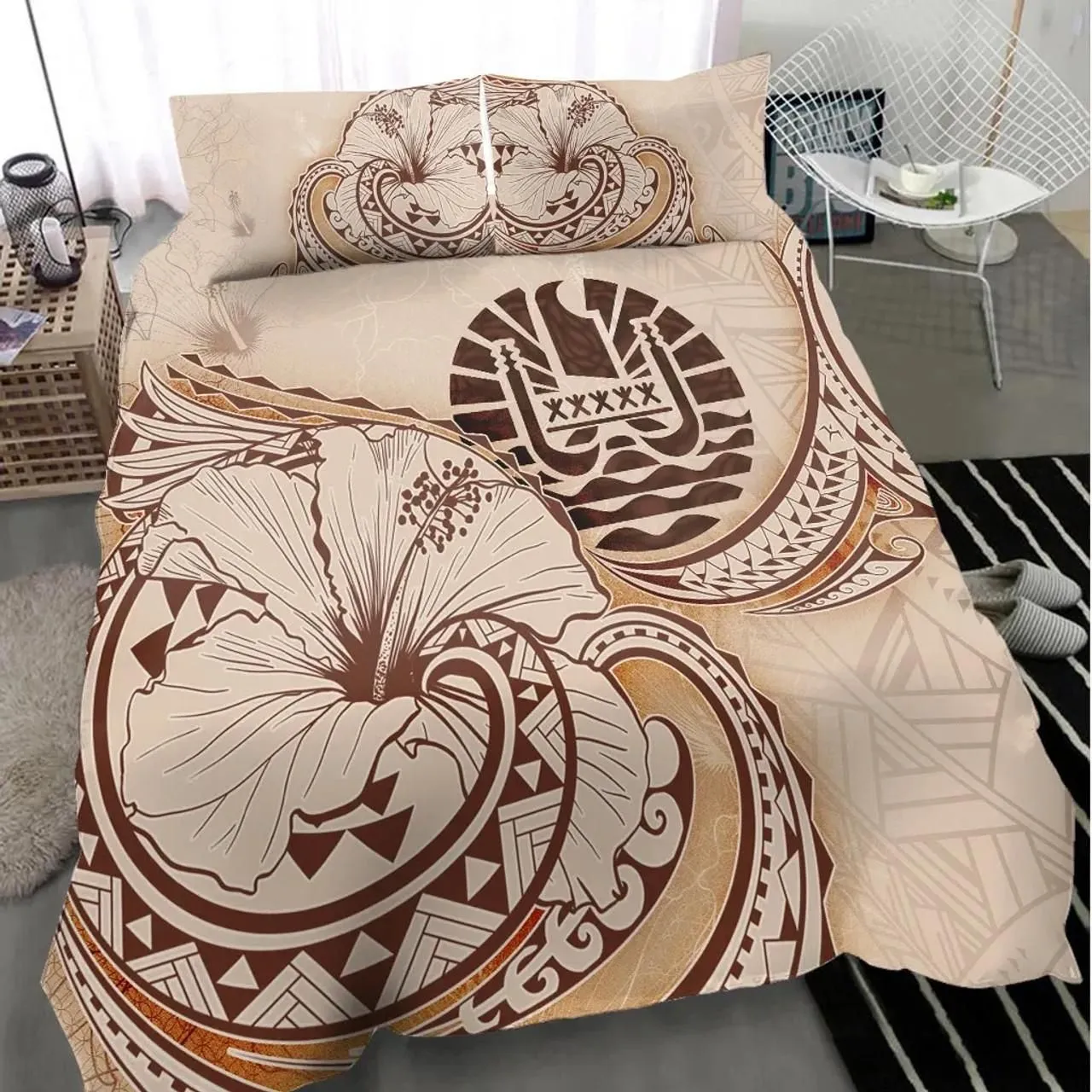 French Polynesia Bedding Set - Hibiscus Flower Vintage Style